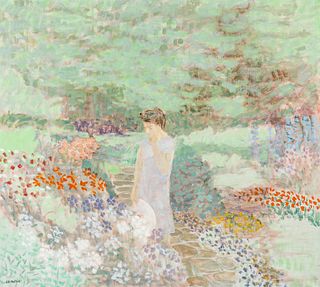 Robert LaHotan Lady in a Garden Oil on Canvas