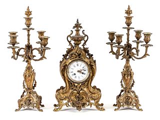 Tiffany & Co. Three Piece Bronze Dore Clock Garniture 