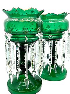 Pair of Green Glass Victorian Lustres with crystal prisms