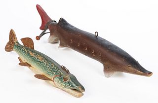 VINTAGE AMERICAN CARVED AND PAINTED WOOD ICE FISHING DECOYS