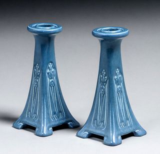 Rookwood Pottery #1635 Matte Blue Candlesticks 1922