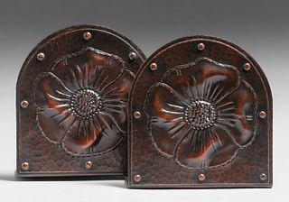 Roycroft Hammered Copper Poppy Bookends c1920s
