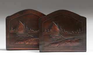 Early Craftsman Studios - Brooklyn, NY Hammered Copper Acid-Etched Sailboat Bookends c1917-1920