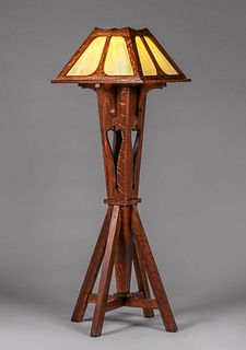 Peterson Art Furniture Co - Faribault, MN Cutout Oak & Slagglass Floor Lamp c1910