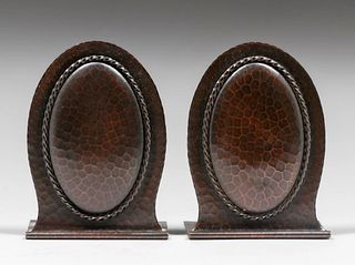 Roycroft Hammered Copper Oval Bookends c1920s