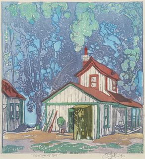 Otto Hake Arts & Crafts Color Woodblock Print "Fisherman's Hut" 1933