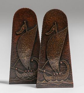 Arts & Crafts Hammered Copper Viking Ship Bookends c1920s