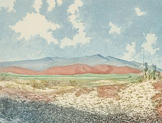 Leon Pescheret (1889-1965) Color Etching Aquatint "Desert in Bloom" c1930s