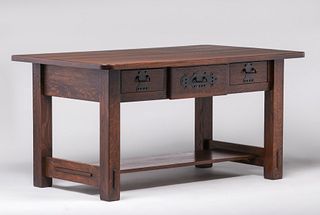 Â Large Stickley Brothers Three-Drawer Library Table c1910