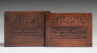Forest Craft GuildÂ Hammered Copper Acid-Etched Motto Bookends c1910