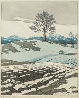 Rudolph Sieck Color Etching & Aquatint "March Winds" c1920s