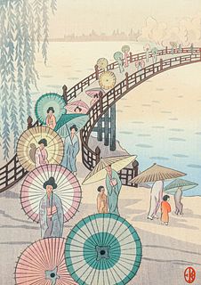 Elizabeth Eaton Burton Color Woodcut "Women with Parasols on Bridge" c1933