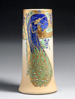 American Arts & Crafts Hand-Decorated Peacock Limoge Porcelain Vase 1925