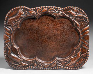 Arts & Crafts Hammered Copper Repousse Animal Serving Tray c1910