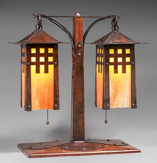 Gustav StickleyÂ Hammered Copper, Oak & Slag Glass Lamp c1910