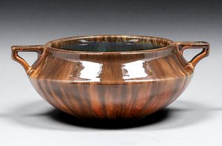 Fulper Pottery Two-Handled Mahogany & Orange Flambe Bowl c1910s