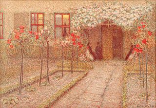 Wilhelm Wieger Color Lithograph "Unter dem Rosenlaube" (Under the Rose Arbor) c1910s