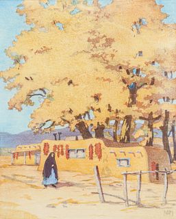 Norma Bassett Hall Color Woodcut "October in Santa Fe" c1948