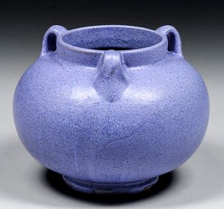 Fulper Pottery Three-Handled Speckled Purple Bulbous Vase c1910s