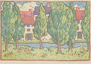 Sallie B. TannhillÂ (1881-1947) Color Woodcut "Trees & Houses by a River" c1920s