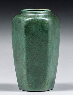 Weller Bedford Matte Green Hexagonal Vase c1910s