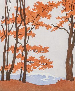 Carl Rotky Color Woodcut "Autumn Trees in the Mountains" c1930s