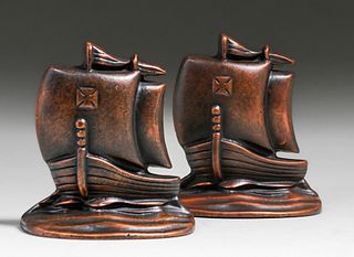 Arts & Crafts Spanish Revival Bronze Galleon Ship Bookends c1920s