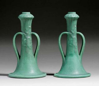 Teco Pottery Art Nouveau Matte Green Two-Handle Candlesticks c1905