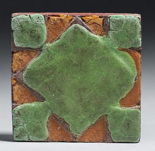Grueby Matte Green & Brown Geometric Tile c1910