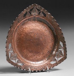 Arts & Crafts Hammered Copper Cutout Triangular Tray c1910