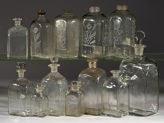 ASSORTED FREE-BLOWN GLASS DECANTERS / BOTTLES, LOT OF 12