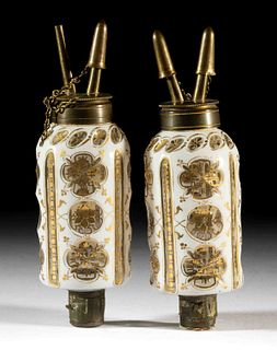 CUT-OVERLAY AND GILT-DECORATED GLASS PAIR OF KEROSENE PEG LAMPS