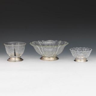 Three Glass Dishes with Sterling Bases