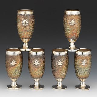 Six Sterling Silver Tall Goblets with Floral Design 