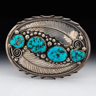 Navajo Sterling Silver and Turquoise Belt Buckle, Maker &quot;K. Y.&quot; 