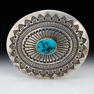 Navajo Style Sterling Silver and Turquoise Belt Buckle, Signed M
