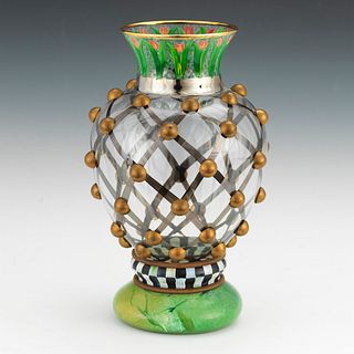 MacKenzie-Childs Vintage Hand Painted Art Glass Vase, &quot;Circus&quot; pattern 