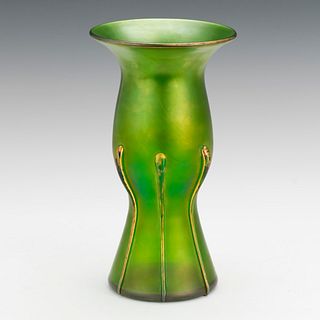 Bohemian Emerald Green Iridescent Gilt Glass Vase 