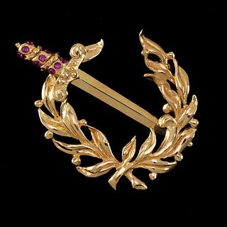 Vintage Gold and Ruby Sword with Laurel Wreath Pin Brooch