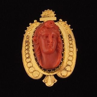 Victorian Gold and Cameo Carved Coral Pin Brooch 