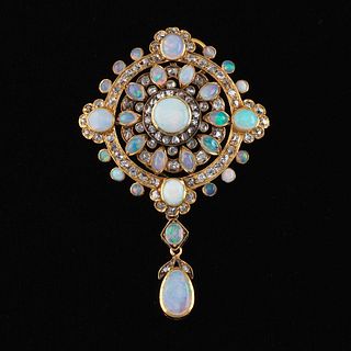 14K Gold Victorian Style Opal And Diamond Pin/Pendant