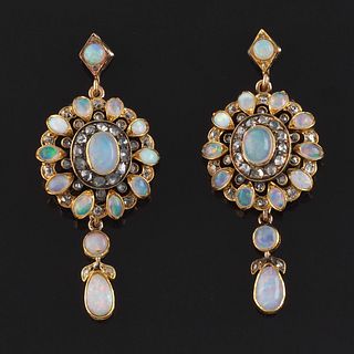 14K Gold Victorian Style Opal and Diamond Earrings