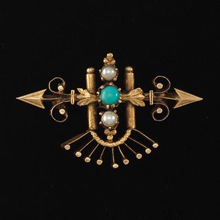 Etruscan Revival Gold, Turquoise and Seed Pearl Pin Brooch 