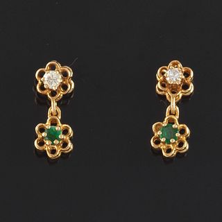 A Pair of Gold, Diamond and Emerald Earrings 