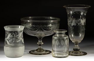 ASSORTED FREE-BLOWN AND ENGRAVED GLASS ARTICLES, LOT OF FOUR