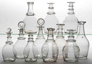 ASSORTED FREE-BLOWN GLASS DECANTERS, LOT OF 11
