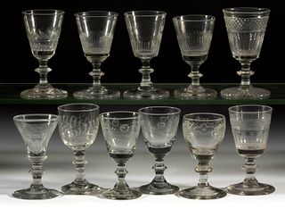 ASSORTED FREE-BLOWN CUT / ENGRAVED GLASS WINES, LOT OF 11