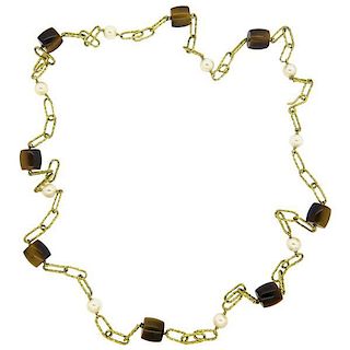 1970s Tiger Eye Pearl 18k Gold Link Chain Necklace