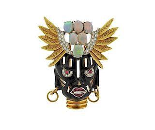 18K Gold Diamond Opal Ruby Enamel Mask Brooch