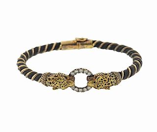 French 18K Gold Silver Diamond Ruby Leopard  Bangle Bracelet